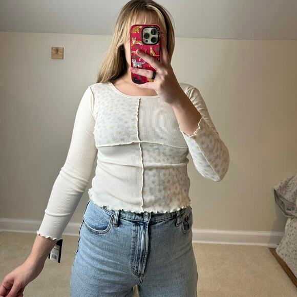 Art Class: White And Cream Floral Print Lettuce Hem Long Sleeve Tee - Picture 1 of 6